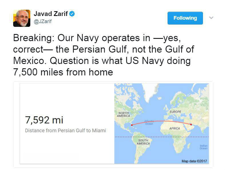 واکنش ظریف به حضور دوباره نیروی دریایی آمریکا در خلیج فارس