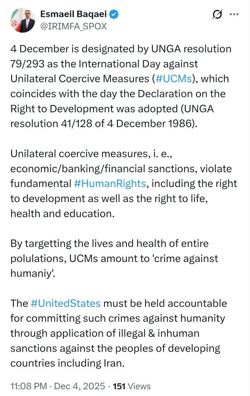 بقائی:اقدامات قهرآمیز یکجانبه جنایت علیه بشریت است بقائی:اقدامات قهرآمیز یکجانبه جنایت علیه بشریت است